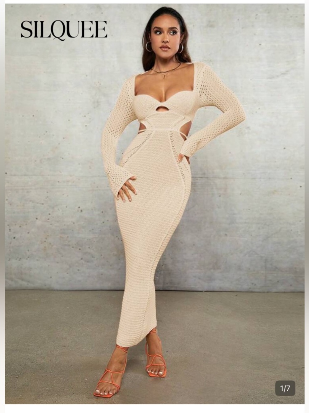 SHEIN Beige Knit Cutout Maxi Dress